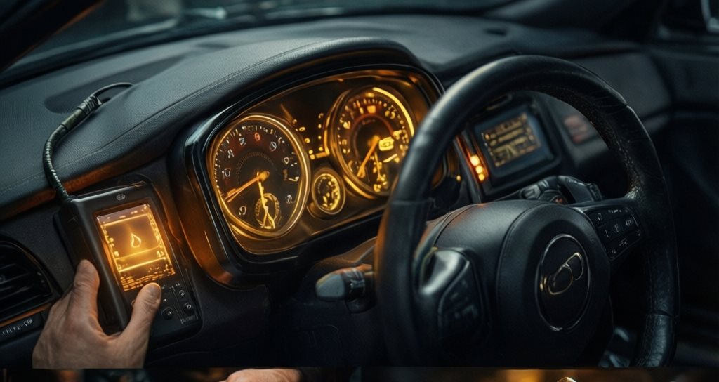 Приборная панель автомобиля с подключённым диагностическим оборудованием