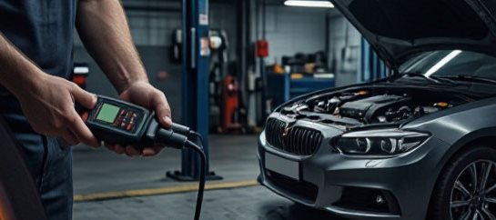 Компьютерная диагностика автомобиля с открытым капотом